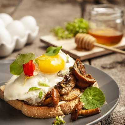 Wild Mushroom Tartine, with a Fried Egg, Fresh Herbs, and Lettuce