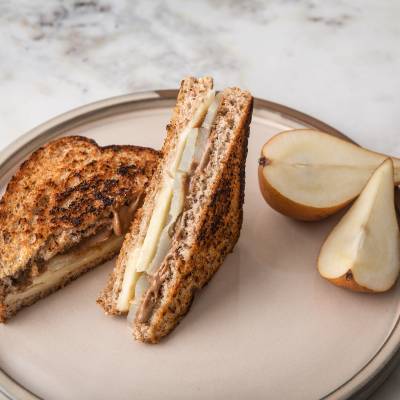 Grilled Cheese Sandwich with Aged Cheddar, Pear, and Almond Butter