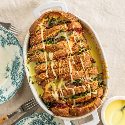 French toast casserole with ham, gruyère, and hollandaise sauce