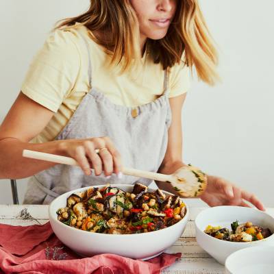 Grilled Vegetable and Chickpea Salad with Balsamic Croutons and Miso Dressing