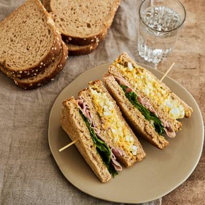 Club Sandwich with Egg Salad, Ham, and Pesto
